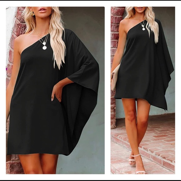 NWT Sexy One Shoulder Mini Dress Loose Batwing Sleeve Club Party Short Dress - Picture 2 of 3